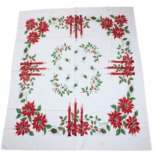 Vintage Tablecloth Christmas White with Poinsettias Pinecones Holly 64" x 48" in